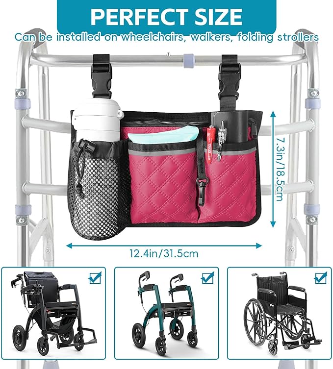 Wheelchair Bag with Cup Holder, Wheelchair Accessories Armrest Side Bag Multi Pockets Pouch for Electric Wheelchairs, Walker, Rollators & Mobility Scooters, Adults, Seniors, Plum