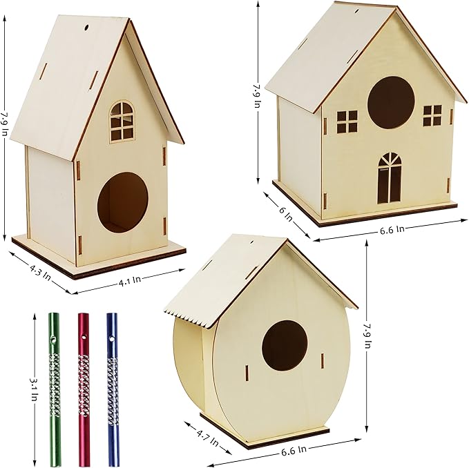 3 Pack Bird Houses for Outside, DIY Bird House Wind Chime Kit, Bird House Kits for Children to Build, Wooden Bird Houses to Paint, Wooden Craft Kits for Kids Girls Boys Toddlers