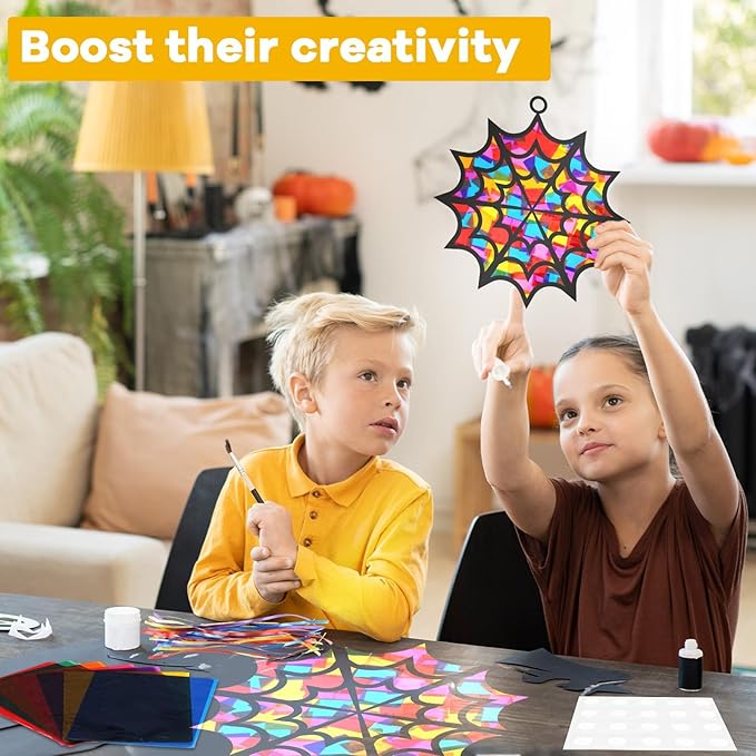 32Pcs Halloween Suncatcher Kit Halloween Window Art DIY Suncatcher Crafts for Kids Spider Web Sun Catcher Craft Stained Glass Effect Tissue Paper Halloween Party Favors Kids Classroom Decor