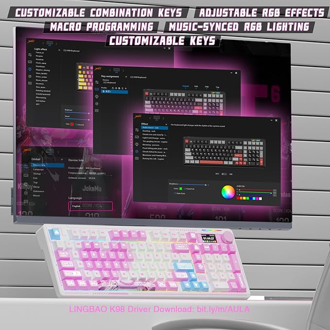 LINGBAO K98 PRO Anime Mechanical Keyboard Wireless, with Screen & Knob,RGB Gaming Keyboard, Tri-Mode BT5.0/2.4GHz/USB-C, Gasket Mount Hot Swappable Linear Switches Gamer Keyboards for PC/Mac/Android