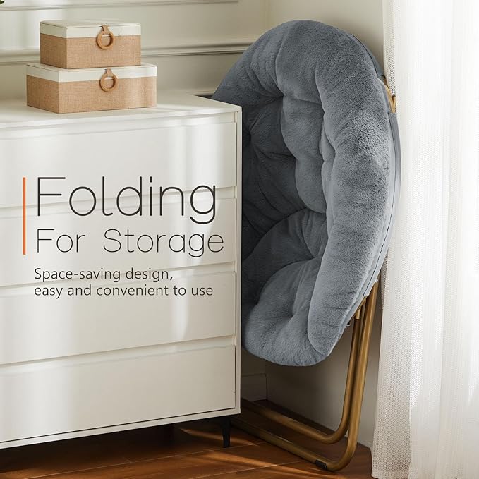 Sweetcrispy Cozy Saucer Chairs Faux Fur Living Room Reading Lounge Furniture Folding Comfy with Soft Thick Padded Seat Metal Frame Modern Style for Bedroom Home Adults, X-Large, Grey