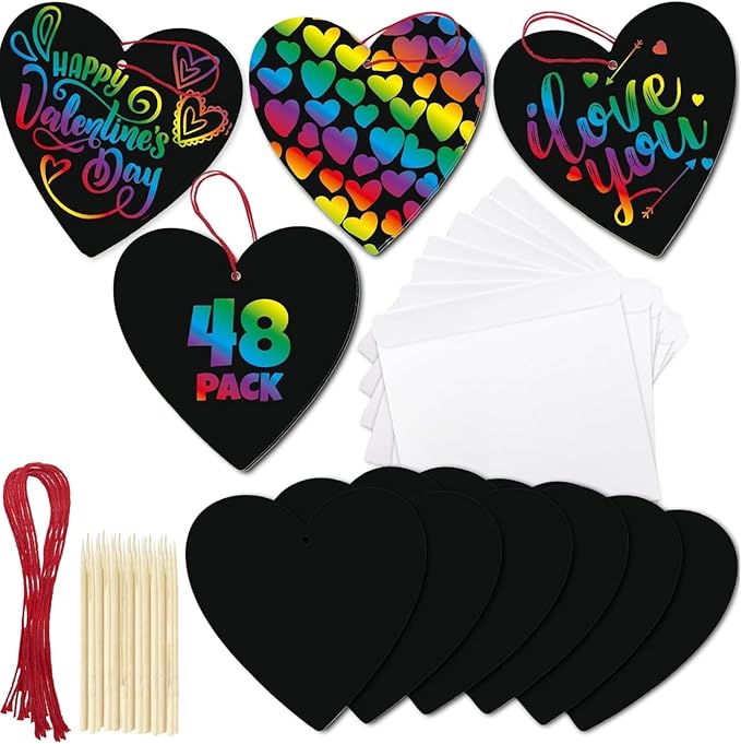 ArtCreativity 48 Pack Scratch Off Valentine Cards for Kids Classroom, Set of 48 Valentine Kids Cards Ink-Free Scratch Off Hearts with Scratch Sticks, Red String, and Envelopes, Valentines Kids Crafts