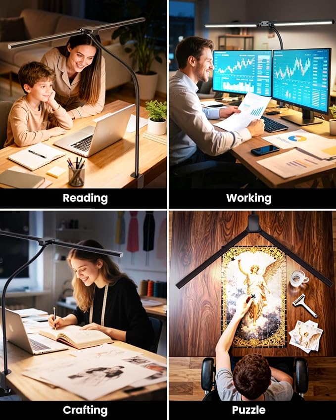 LED Desk Lamp for Home Office, Eye-Caring Architect Lamp with Clamp, Stepless Dimming Computer Light for Dual Screen Monitor, 5 Color Adjustable Lighting Mode, Workbench Light for Drafting, Study