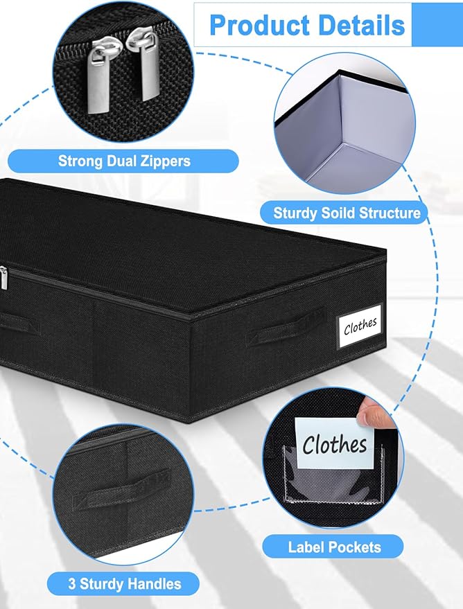 boailydi Under Bed Storage Bags with Zipper, 7 Inch Tall Underbed Storage Containers with Rigid Sides & Bottom,30x15x6.7 Inches, Large Clothes Organizer Box for Bedroom, Dorm, Couch, Black
