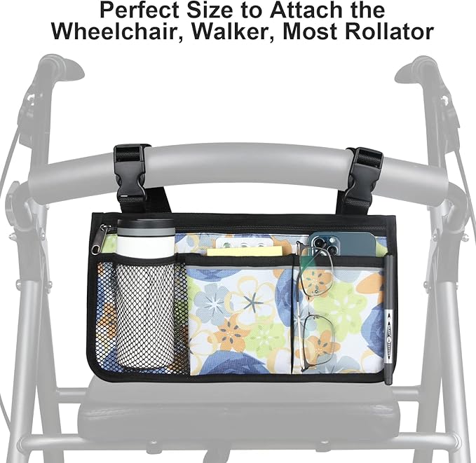 Wheelchair Side Bag, Upgrade Flower Color Wheelchair Armrest Storage Pouch with Cup Holder and Reflective Strip Made with Waterproof Fabric, for Most Wheelchairs, Walkers and Rollators (Blue Rose)