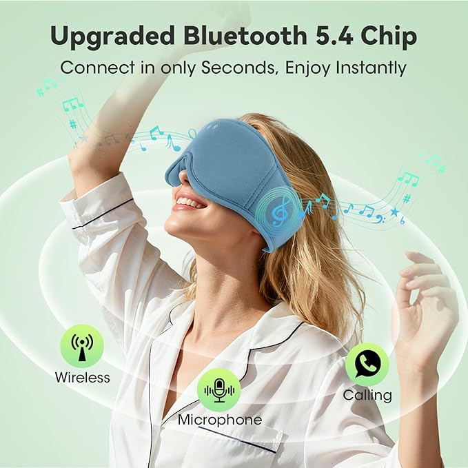 BeMyLady 3D Bamboo Cotton Sleep Mask with Bluetooth 5.4 Headphone, Music Wireless Bluetooth Blackout Eye Mask for Side Sleepers, Earphones HD Speaker Microphone for Travel, Gifts for Women Men, Blue