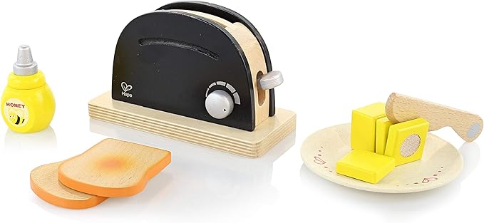 Hape Wooden Black Pop up Toaster Set| Pretend Play Kitchen Playset with Toast, Butter and Honey for Preschoolers Ages 3 Years and Up