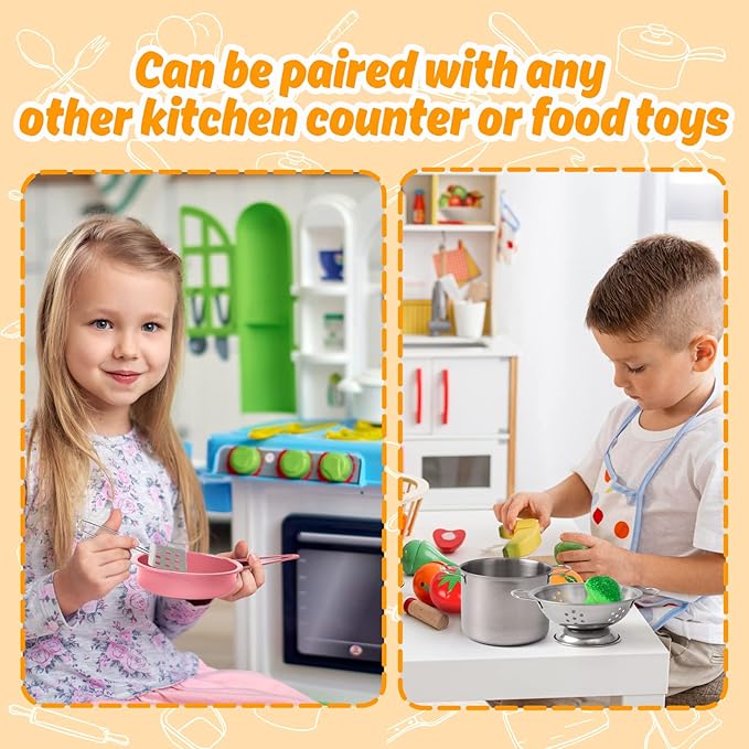 Kids Play Kitchen Toy Accessories Set Toddler Cooking Playset Colorful Stainless Steel Pots and Pans Birthday Gifts for 3+ Girls Boys (Pink)