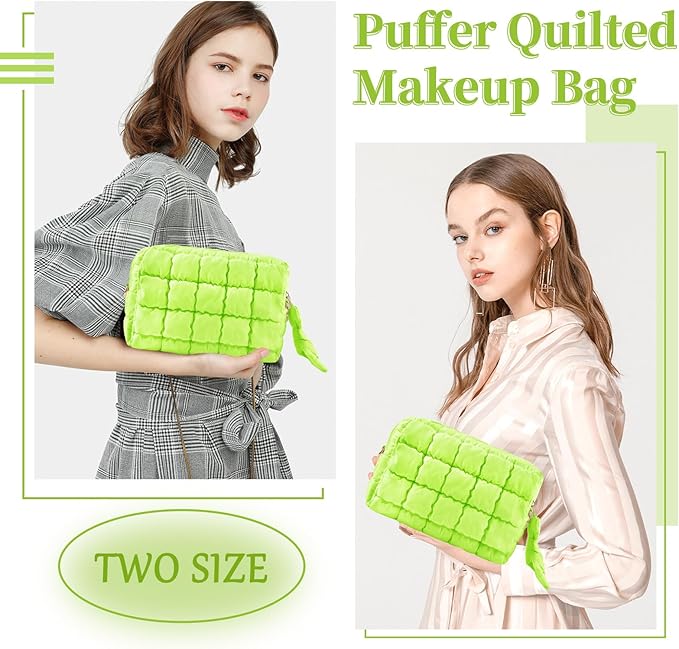 Puffer Quilted Makeup Bag Cosmetic Bags,Puffy Travel Toiletry Pouch for Women,Cute Checkered Zipper Bag Travel Essential,Portable Aesthetic Make up Organizer Bag for Gifts Work Daily(LightGreen,M)