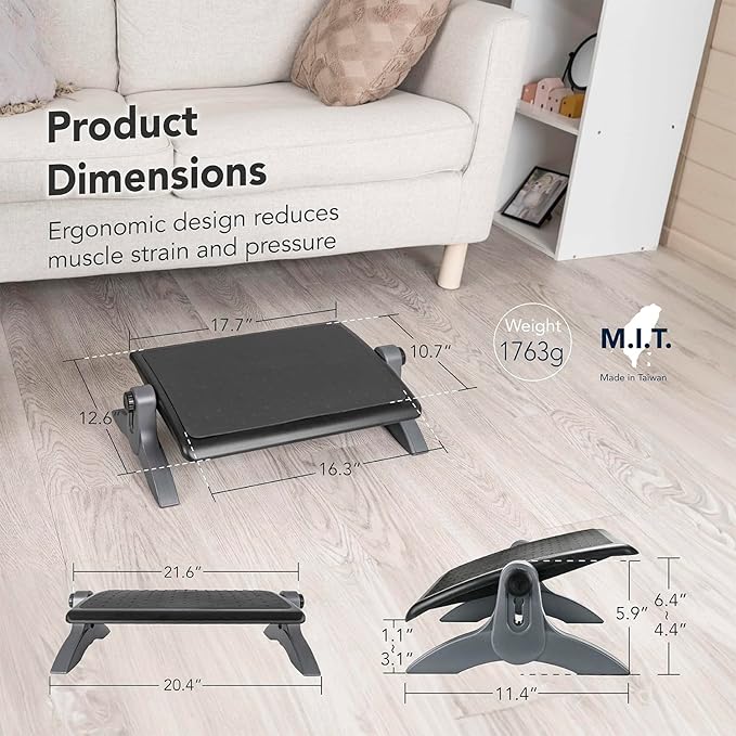 EHO Ottoman, Ergonomic Foot Rest for Under Desk, Adjustable Height and Angle, Rubber Platform, Anti-Slip, Ankle Support, Detachable Washable Cushion, Back and Leg Pain Relief, 21.6"L x 11.4"W, Black