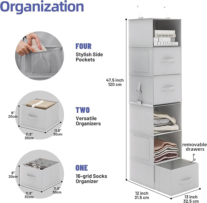 Twira 6-Shelf Hanging Closet Organizer, 2 Separable 3-Shelf Hanging Shelves, Hanging Storage with 3 Removanle Drawers 4 Side Pockets for Wardrobe, Nursery, Drom, Baby Clothes Organization Light Grey