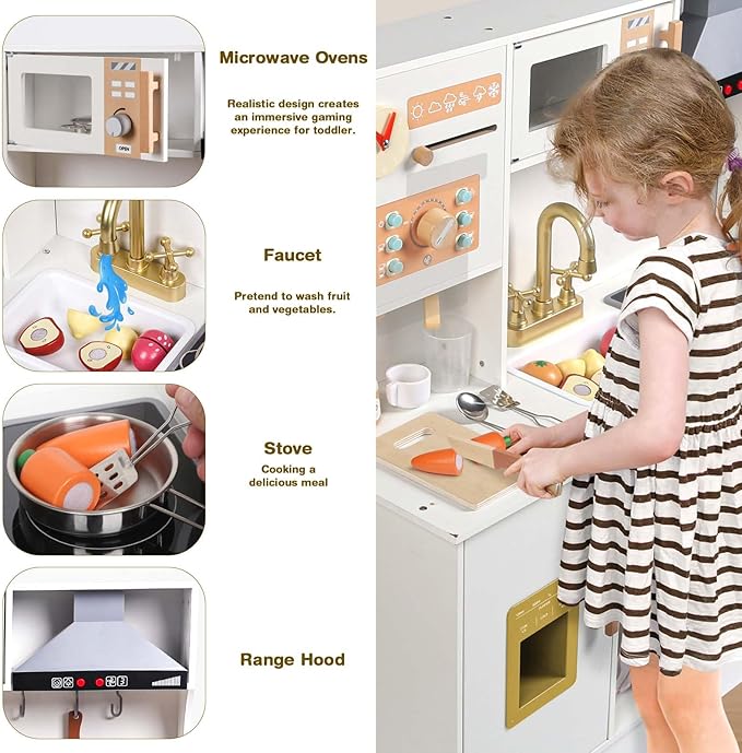 Kids Play Kitchen Set - Toys for 2 3 4 5 Year Old Boy Girl Christmas Birthday Gifts - Wooden Play Kitchen Set with Play Food Toy and Kitchen Accessories, Pretend Play for Kids Toys Age 3+