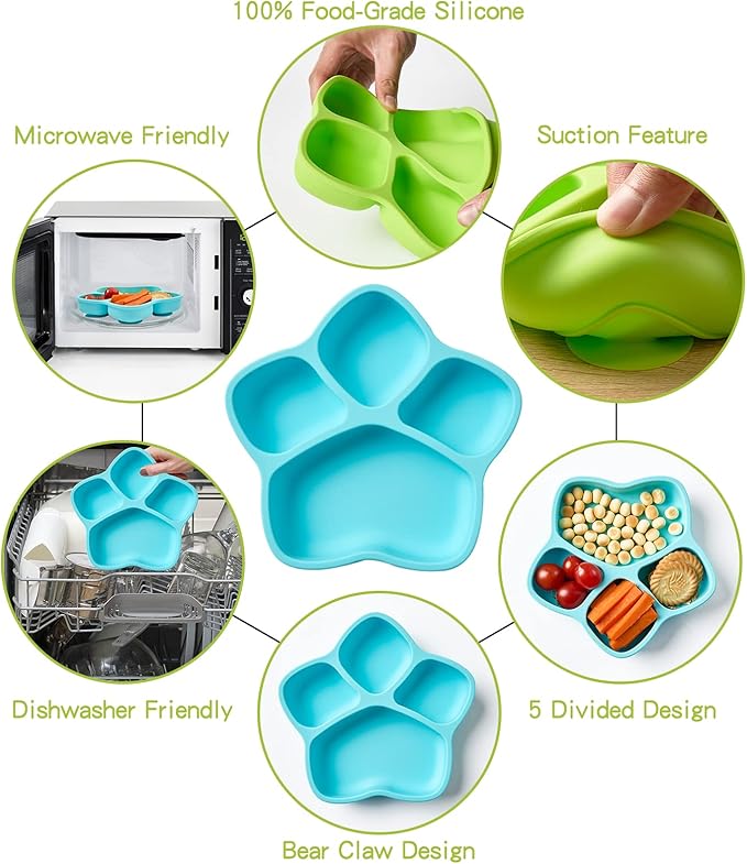 4 Pack Suction Plates for Baby & Toddler, 100% Food-Grade Silicone, 4 Large Divided Design, Microwave & Dishwasher Safe