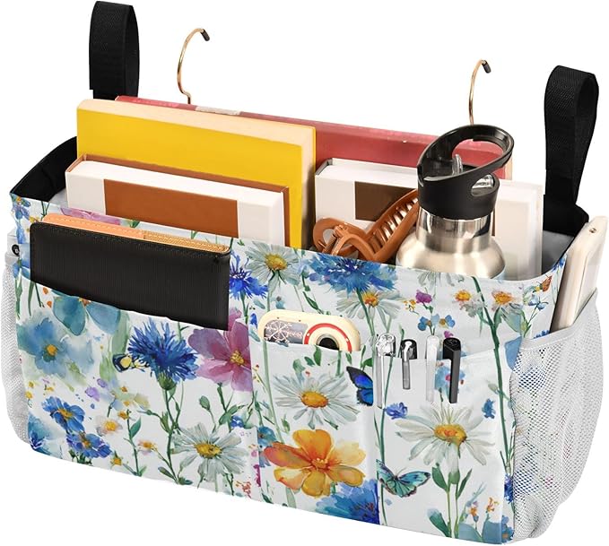 Watercolor Cornflower Daisy Bedside Caddy for Dorm Bed Bedside Hanging Caddy Bag Iron Frame Storage Organizer Pocket for Bunk Home College Hospital Beds 2 Hooks