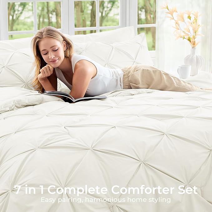 Sasttie Queen Comforter Set, 7-Piece Bed in a Bag, Pintuck Bedding Sets for All Season, Includes Comforter, Flat Sheet, Fitted Sheet, Pillowcases and Pillowshams, Ivory