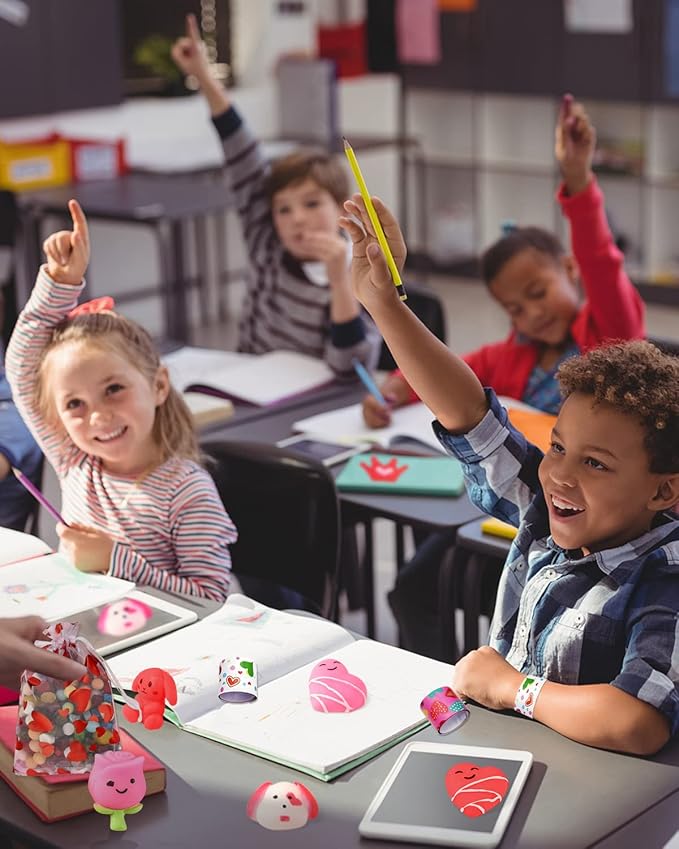 FEBALHS Party Favors for Kids, 48pcs Animal Valentines Exchange Gifts for Classroom School with Valentines Day Cards Goodie Bags Slap Bracelets Squishy Toys