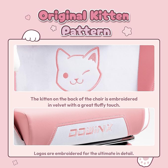 Dowinx Gaming Chair Cute with Cat Ears and Massage Lumbar Support, Ergonomic Computer Chair for Girl with Footrest and Headrest, Comfortable Reclining Game Chair 290lbs for Adult, Teen, Pink