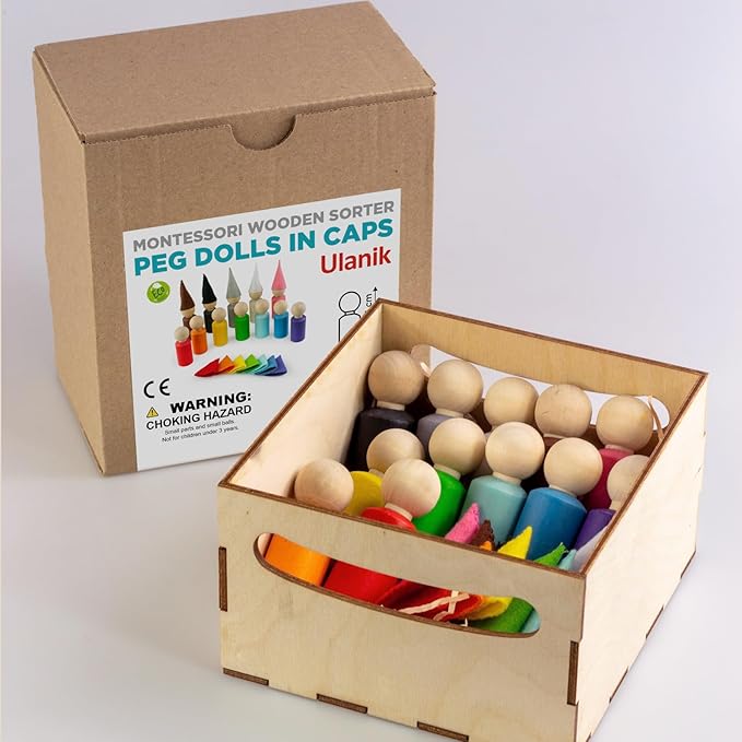 Ulanik Peg Dolls with Hats Toddler Montessori Toys for 3 Year Old + Kids Wooden Waldorf Dolls for Learning Color Sorting and Counting — 12 Gnomes, 2.36 in