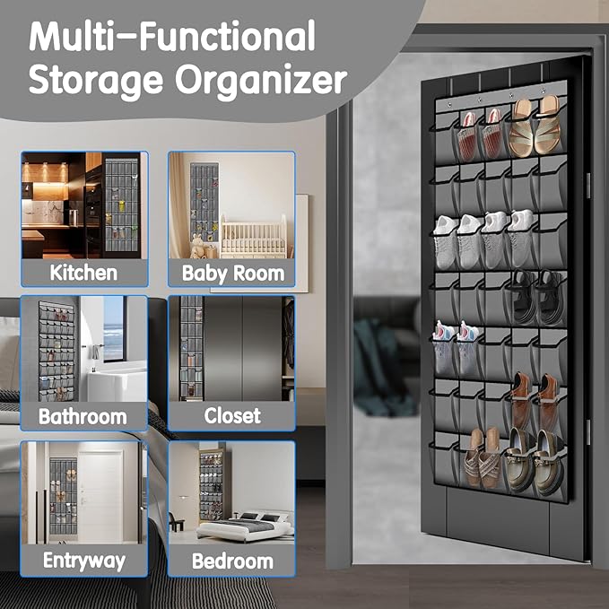 Kotkn 35 Compartment Over The Door Storage - Breathable Mesh Hanging Organizer with Large Pockets, Space Saving Design for Men & Women's Footwear, Closet, Bedroom (Gray)