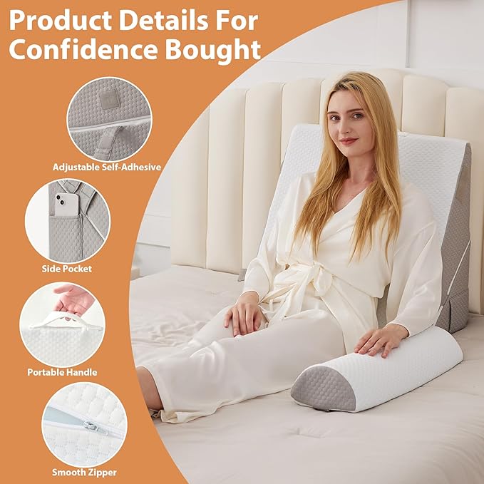 3PCS Wedge Pillow Set for After Surgery, Wedge Pillow for Acid Reflux Relief, Bed Wedge Pillow With Adjustable 9&12inch for Headboard,Sleeping, Orthopedic Memory Foam for Neck&Back Support, White/Grey
