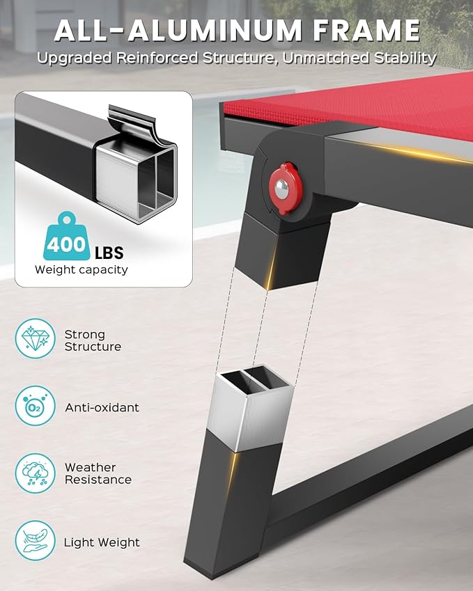 Aluminum Chaise Lounge Chair Outdoor, Foldable & Assembly Free Patio Pool Lounge Chairs 5-Position Recliner for Outside Poolside, Fully Grounded Legs Sun Lounger for Beach, Yard, Red