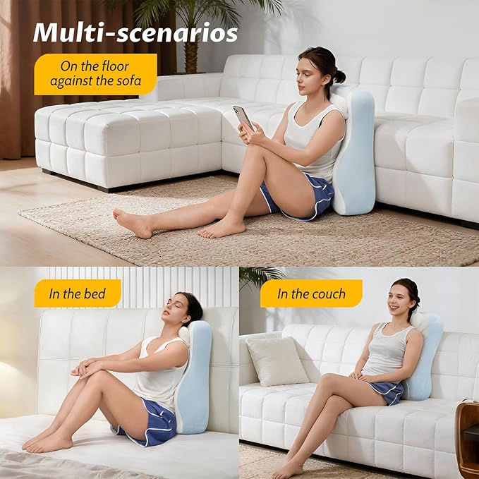 Ergonomic S Curve Reading Pillow for Sitting in Bed Adult- Back Pillow for Bed Sitting up with Adjustable Headrest- Memory Foam White, Blue