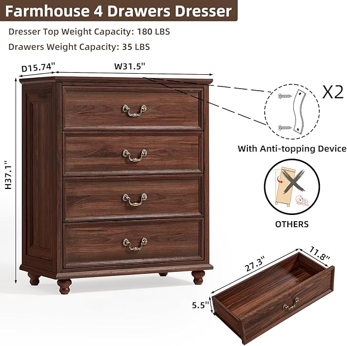 Farmhouse 4 Drawer Dresser for Bedroom, 37" Tall Rustic Chests of Drawers w/ 4 Solid Wood Feet, Mid Century Modern Wooden Closet Storage Dressers Organizer for Living Room, Hallway, Brown