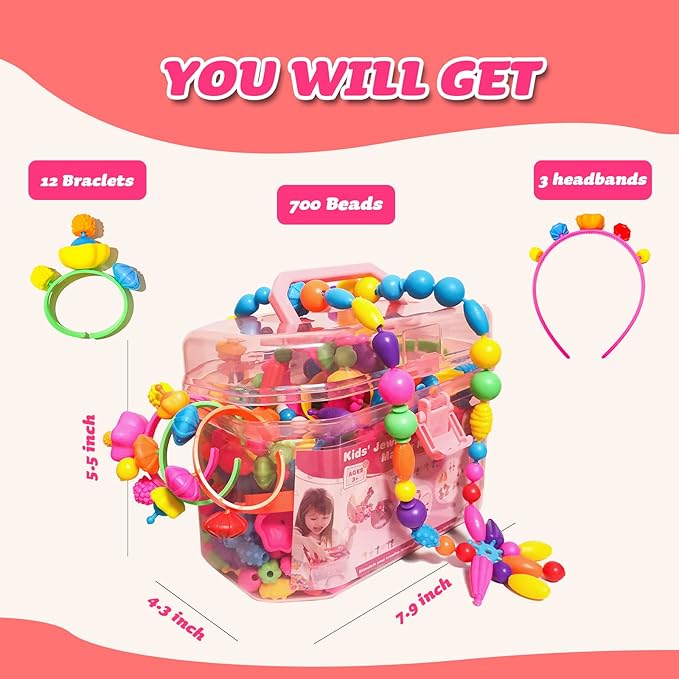 Arthopt Pop Beads, Jewelry Making Kit with 700+pcs DIY Beads, Arts and Crafts for Kids 3 4 5 6 7 8 Years Old, Snap Beads Bracelets Necklace Ring Toy Set Birthday Gift for Girls