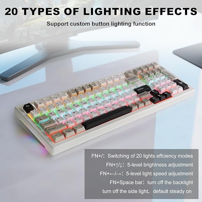 Wireless Game Mechanical Keyboard BT5.0/2.4GHz/USB, Multi-Color LED with 18+ Modes, Hot-Swappable Custom Keyboard, Red Creamy Switches, Gaming Keyboard for PC/Mac (Black White)