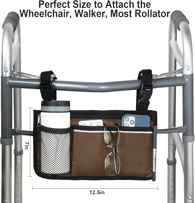 Wheelchair Side Bag, Armrest Storage Pouch with Cup Holder and Reflective Strip for Wheelchairs, Walkers or Rollators (Coffee)