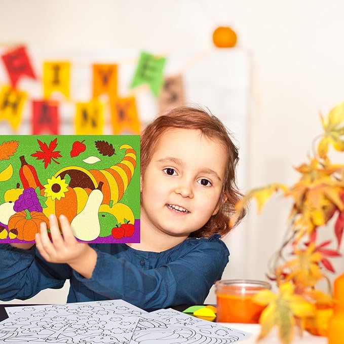 30 Sets Fall Thanksgiving Sand Art Kits for Kids DIY Fall Harvest Craft Sand Painting Colored Sand Art Painting Cards Set for Children DIY Arts Fall Theme Educational Learning Activities