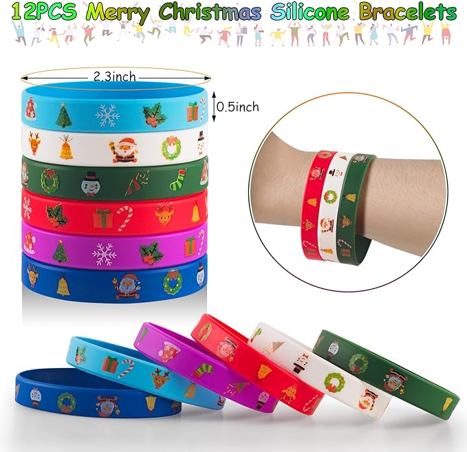 48 PCS Christmas Slap Bracelets and Rubber Bracelets for Kids Holiday Party Favors Bracelets Silicone Wristbands for Birthday Party Supplies Boys and Girls'Santa Gifts Xmas Stocking Stufers
