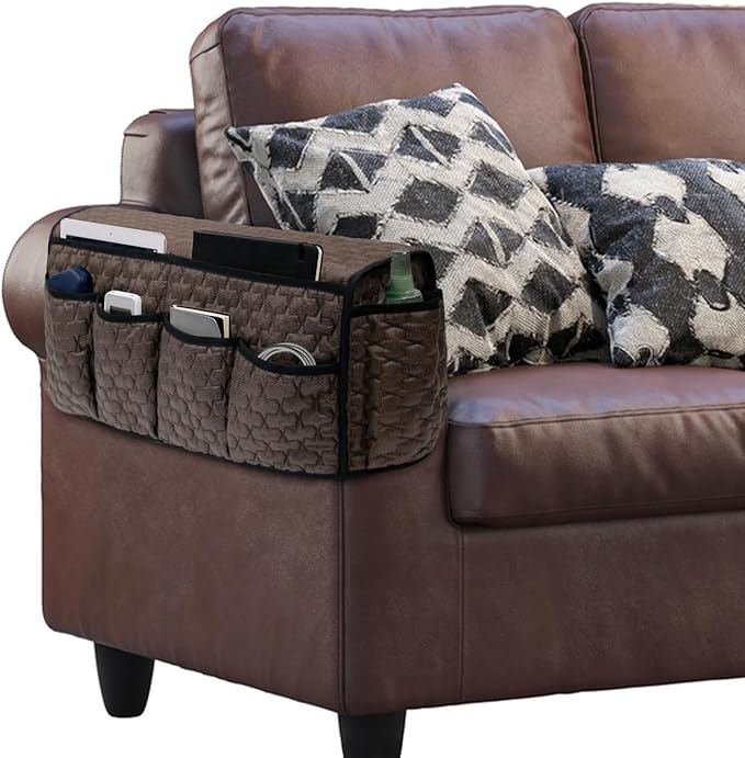 DECKALY TV Remote Control Holder for Armchair, Arm Chair Caddy for Recliner 14 Pockets, Non-Slip Sofa Armrest Organizer Storage for Cell Phone TV Remote Control Magazines (Brown)