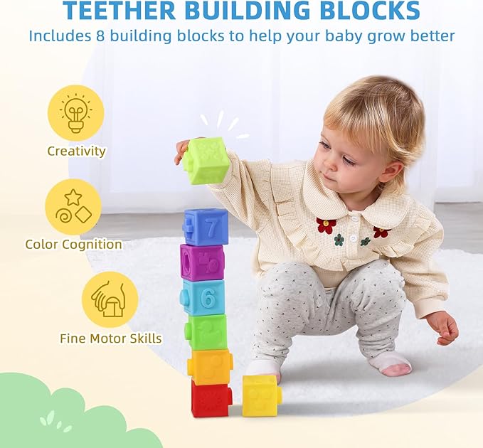 Montessori Baby Toys 6-12 Months, 7 in 1 Educational Toys for Toddlers Early Learning Present (Soft Building Blocks, Object Permanence Box, Rattle, Texture Cards, Wooden Egg, Wooden Book)