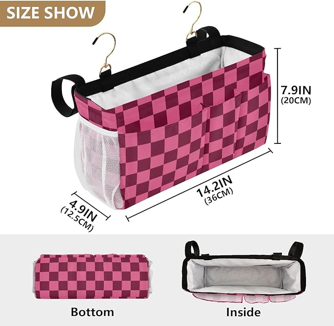 Checkered Hot Pink Bedside Caddy for Dorm Bed Bedside Hanging Caddy Bag Iron Frame Storage Organizer Pocket for Bunk Home College Hospital Beds 2 Hooks