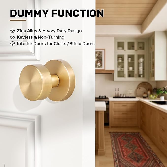 2 Pack Brushed Brass Dummy Door Knobs Interior, Satin Brass Door Knob Round Modern Gold Dummy Door Handle Interior for Hall Pantry Closets