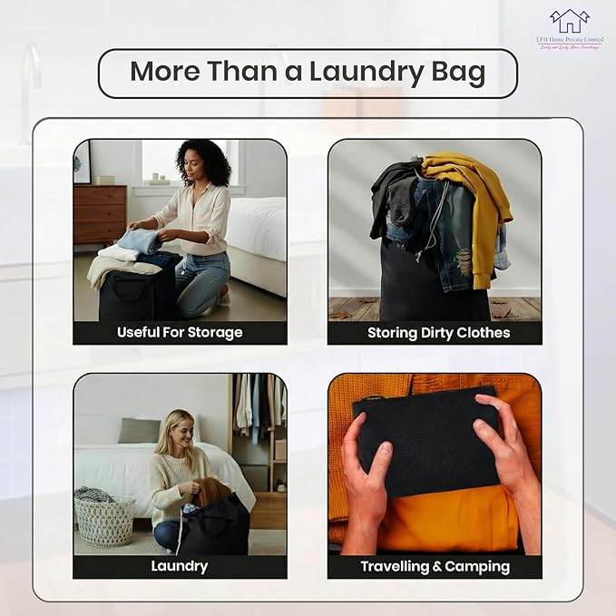 LFH Home Large Premium Cotton Canvas Laundry Bag with Drawstring and Handles Heavy Duty, Multi-Use, and Washable for Home, Travel, College or Storage 28x40 (Pack of 4)-Black