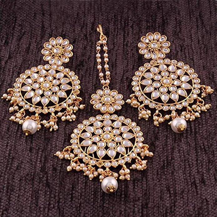 Aheli Ethnic Faux Kundan Drop Pearl Beads Dangle Earrings Maang Tikka Set Bollyood Fashion Jewelry for Women & Girls