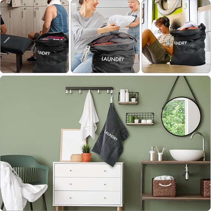 XL Travel Laundry Bag, Washable Dirty Clothes Travel Bag Waterproof Wet Dry Bags Reusable Camp Clothes Organizer for Sports Home College Dorm Laundromat (1 Pcs) Black