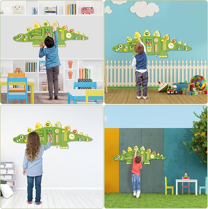 Beright Dinosaur Activity Wall Busy Board Panels, Montessori Sensory Toys, Toddler Learning Activity Center, Perfect for Toddler Playroom & Children's Daycare, Green
