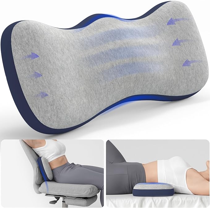 Lumbar Support Pillow for Bed, Memory Foam Pillows for Back Pain Relief, Lower Back Pain Relief Pillow for Sleeping, Adjustable Lumbar Pillow for Sleeping, Bed, Car, Couch (Grey - Navy Blue)