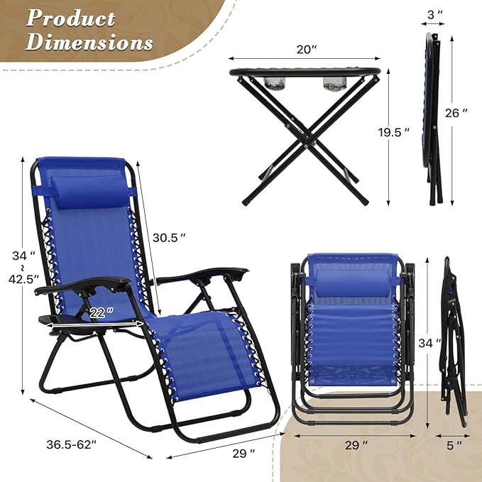 Athena Collection Zero Gravity Outdoor Lounge Chair Set of 2 with Side Table, 29" Width Pool Lounge Lawn Chairs Reclining with Cup Holder, Outdoor Chaise for Beach Patio Backyard Outside, Blue