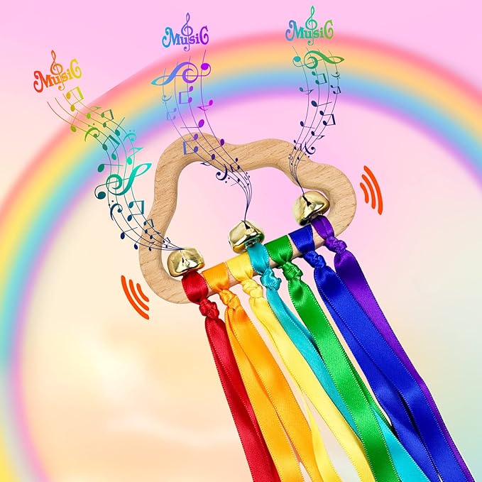 2pcs Baby Natural Wood Bracelet with Bell Rainbow Ribbon Sensory Toy- The Best Sensory Toys for Audiovisual and Motor Development, Encourages Parent-Child Interaction, for Babies Aged 3-24 Months