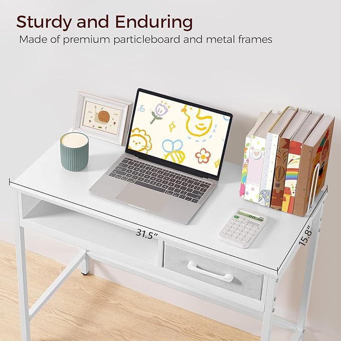 Kids Desk and Chair Set, Student Writing Desk, Kids Study Desk with Book Sorter and Fabric Drawer, Kids Wooden Study Table, for Study, Kids Room, Bedroom, White KDBW11901N1