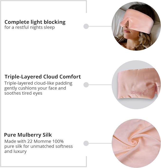 Better zzZ 100% Pure Mulberry Silk Sleep Mask for Women & Men – Adjustable Velcro Strap, Total Blackout, No Pressure Eye Mask for Deep Sleep & Travel Pouch Included - (Pink)