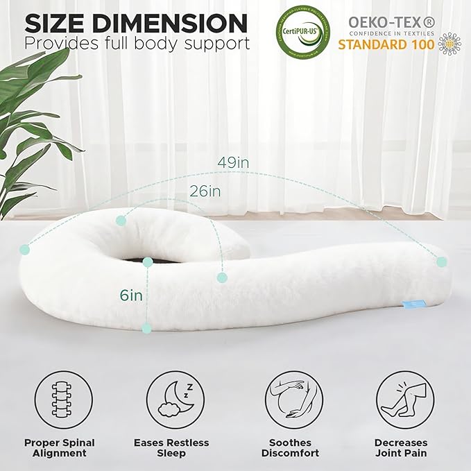 Body Pillow for Adults - Soft Long Bed Pillows Insert for Sleeping - Shredded Memory Foam and Removable Washable Cover - Swan Shaped Pregnancy Side Sleeper Pillow 49 Inch (Off White)
