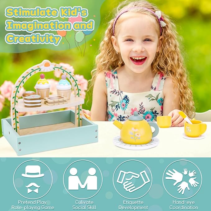 Hysagtek Wooden Tea Party Set for Little Girls, Toddler Tea Set with Cupcake Stand,Teapot Tea Cup Dessert Toys Tea Set Pretend Accessories for Girls Christmas Birthday Gift