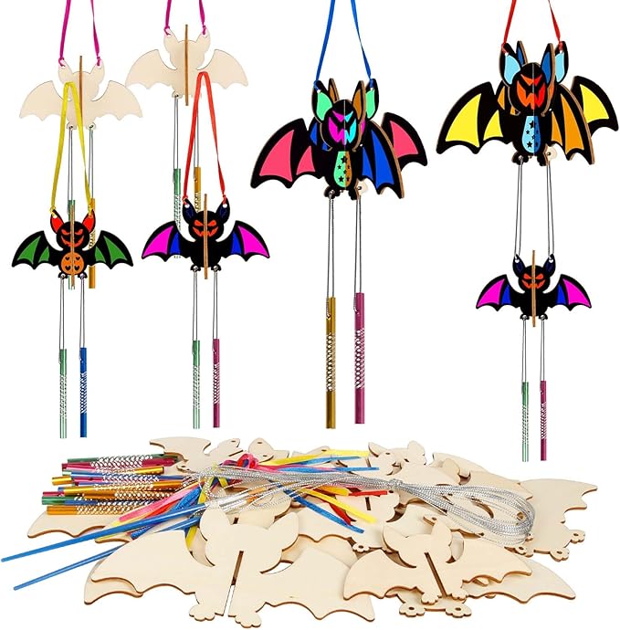 8 Pack Wind Chime Kit for Kids,Halloween Craft Kits Wooden 3D Bat Wind Chime Decorative Hanging Ornaments DIY Painting Craft for Boys Girls Halloween Activity Art Project