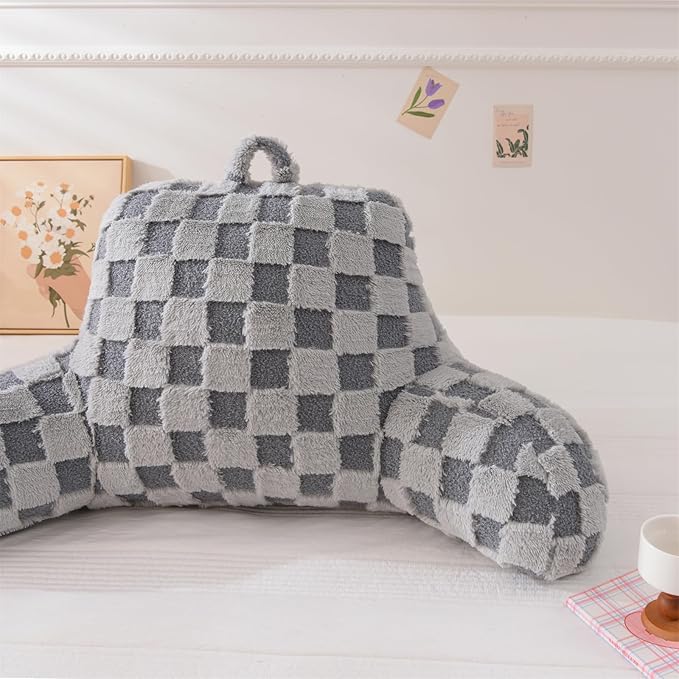 Aimuan Reading Pillow Checkered Bed Rest Wedge Backrest Checkerboard Pillow with Arms Back Support for Sitting Up in Bed Cushion Incline Rest Sleeping Snoring Pillow (Grey,Large)