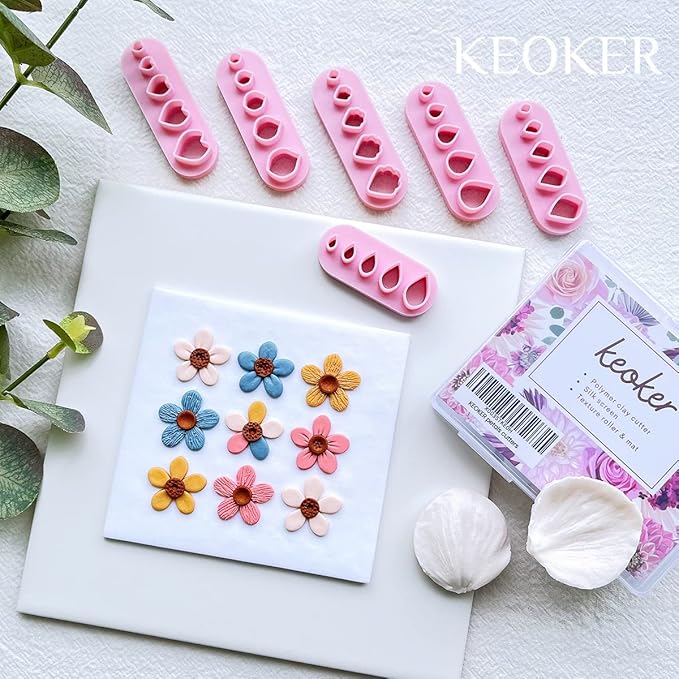 Keoker Flower Petal Clay Cutters - Flower Petals Clay Cutters for Earrings Making, 6 Shapes with Petal Press Polymer Clay Molds, Clay Cutters for Polymer Clay Jewelry